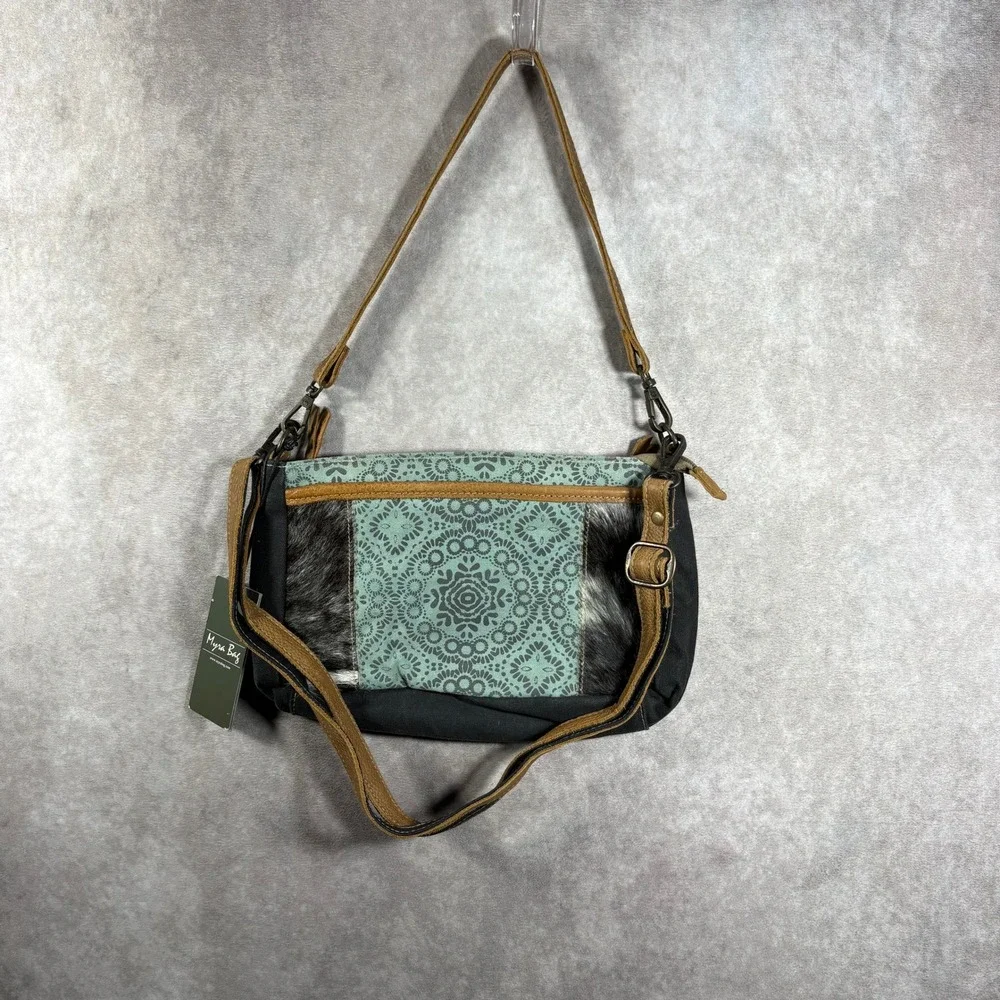 Myra Bag Handbag Small Teal Black Brown Crossbody Boho‎ Cowhide Canvas Mandala